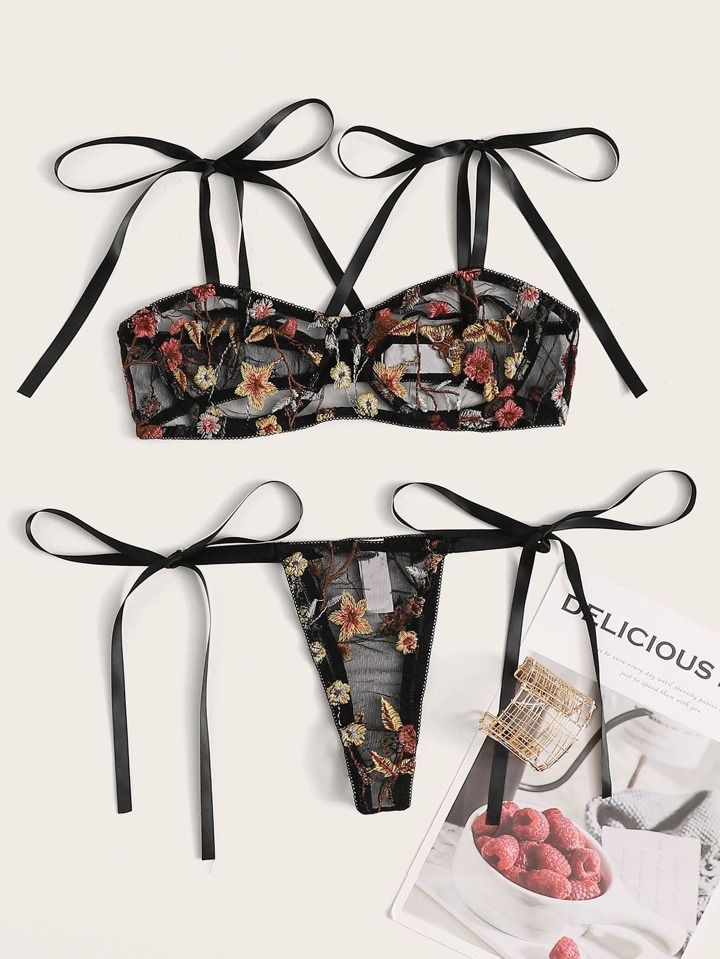 Floral Embroidery Bra & Side Tie Thong | SHEIN