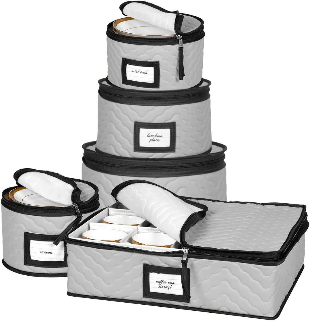China Storage Containers 5-Piece Set Moving Boxes for Dinnerware, Glasses, Plates, Mugs and Saucers Sturdy Quilted Microfiber Dish Organizer with Dividers for Seasonal Storage - Holds Set of 12, Gray | Amazon (US)