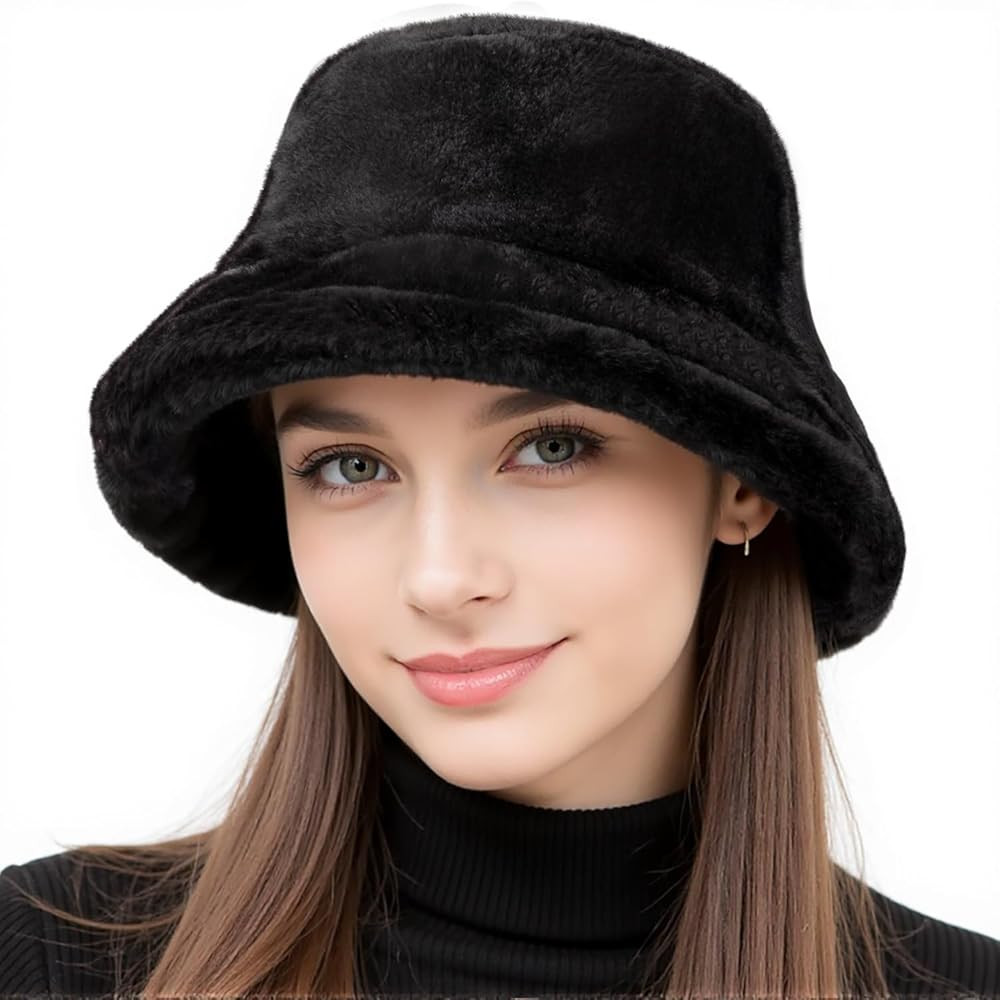HONGTEYA Winter Bucket Hat Fluffy Faux Fur Fisherman Cap for Women Men Solid Color Style | Amazon (US)