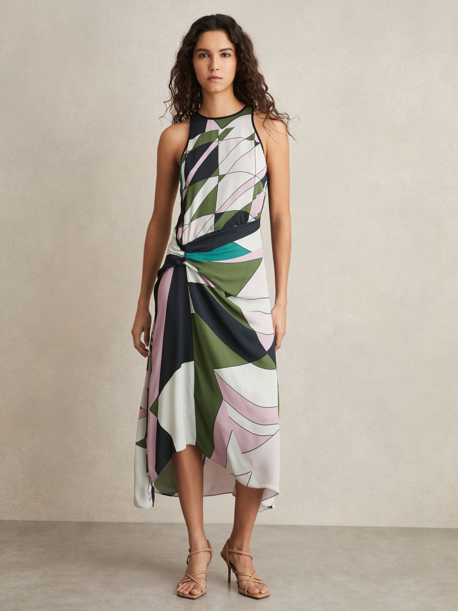 Reiss Geometric-Print Gathered Midi Dress in Green - REISS | Reiss UK