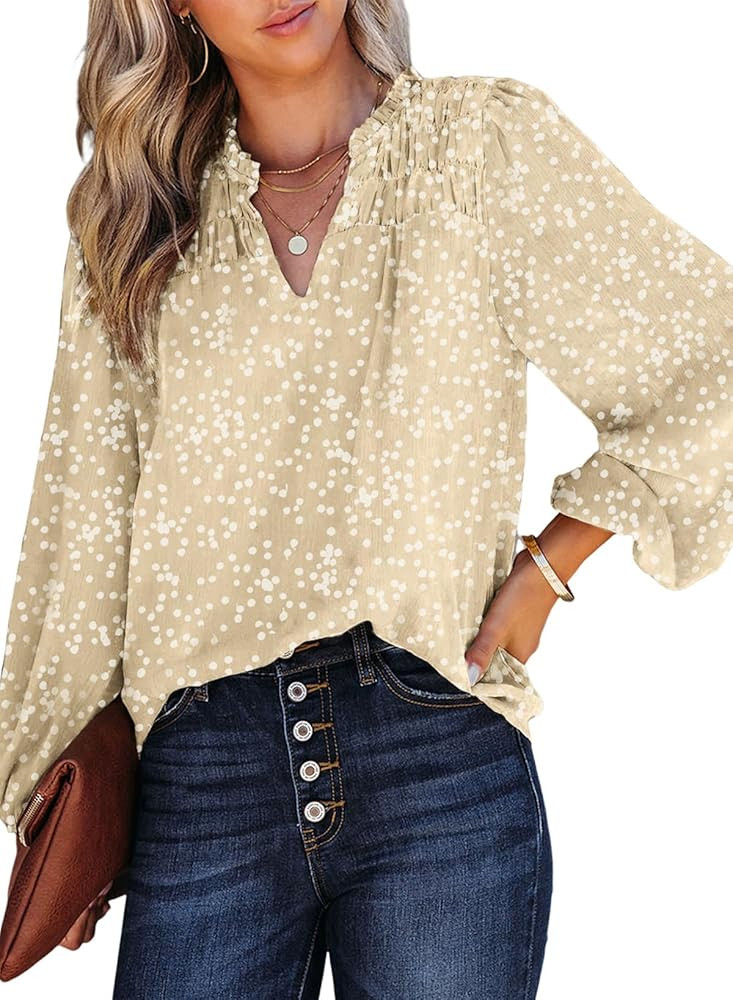 Dokotoo Women's Casual V Neck Alicia Floral Print Smocked Long Sleeve Chiffon Blouses Bohemian To... | Amazon (US)