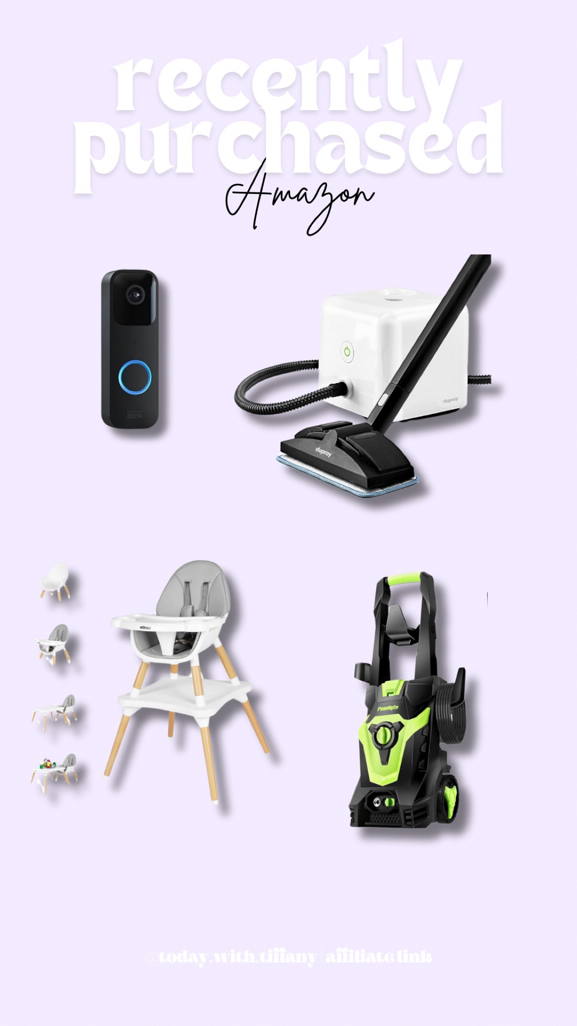 Not the most glamorous, but our most recent purchases from Amazon that have worked out so well! Ask any questions you might have! ❤️ #amazon #amazonfinds #steamcleaner #steamer #highchair #toddlerfinds #toddler #pressurewasher #cleaning #blink #blinkcamera #outdoorcamera 