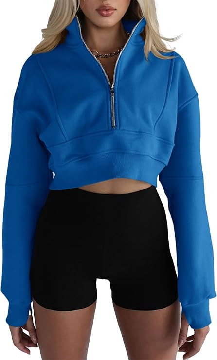 Fisoew Women's Half Zipper Cropped Sweatshirts Casual Long Sleeve Tops With Thumb Hole | Amazon (US)
