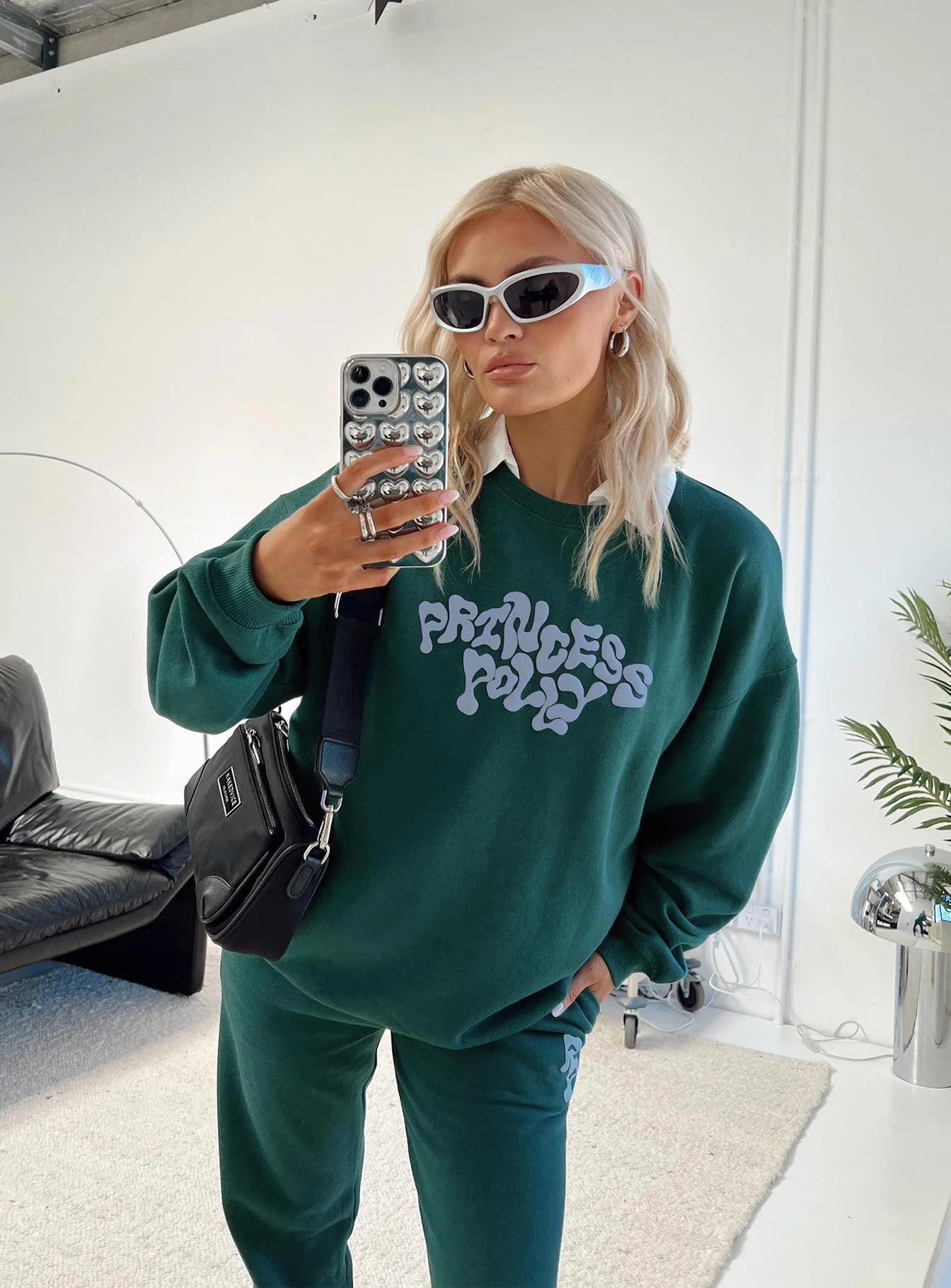 Princess Polly Crew Neck Sweatshirt Squiggle Text Forest Green / Blue | Princess Polly AU
