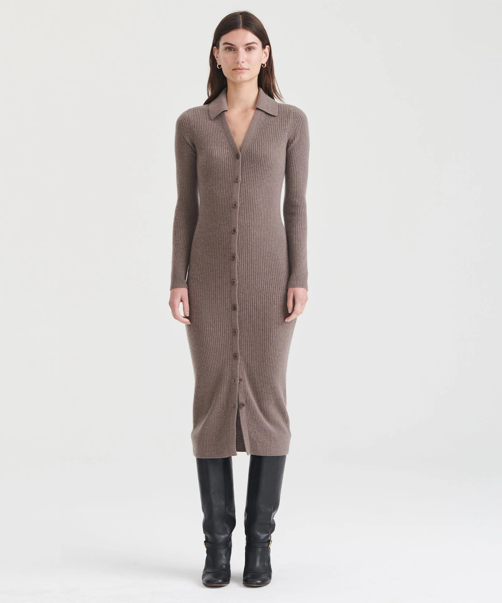 Signature Cashmere Ribbed Cardigan Dress in Heathered Brown | NAADAM