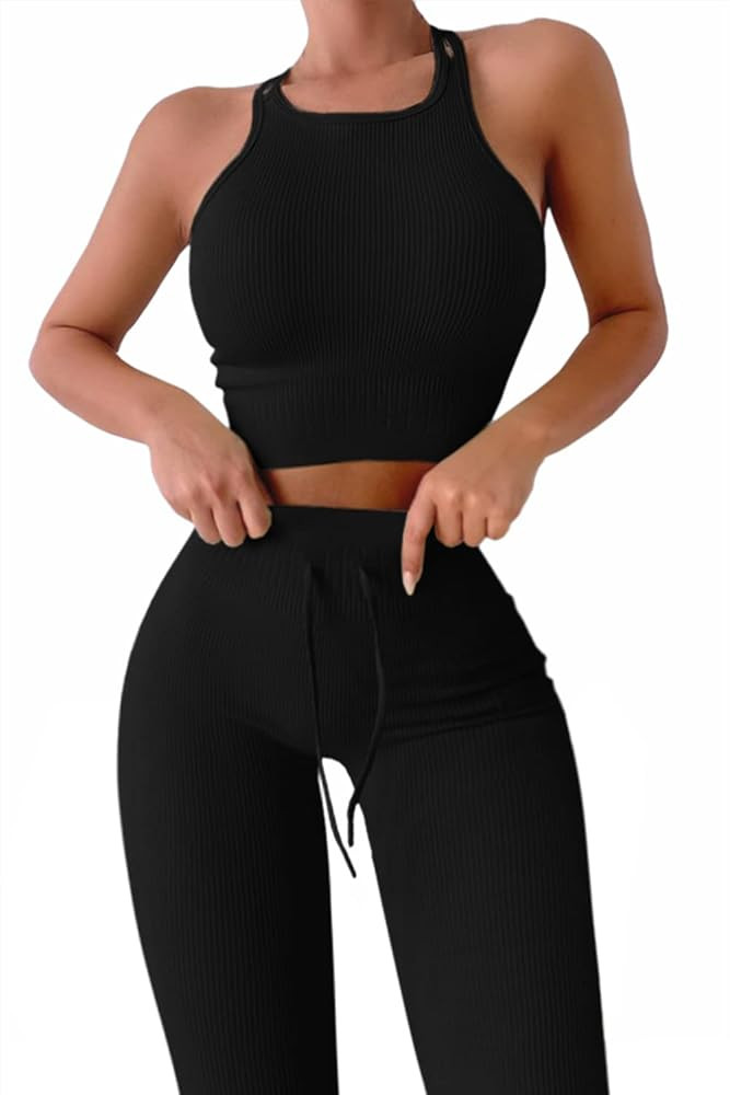 QINSEN Seamless Workout Outfits for Women 2 Piece Ribbed Crop Tank High Waist Yoga Leggings Sets | Amazon (US)