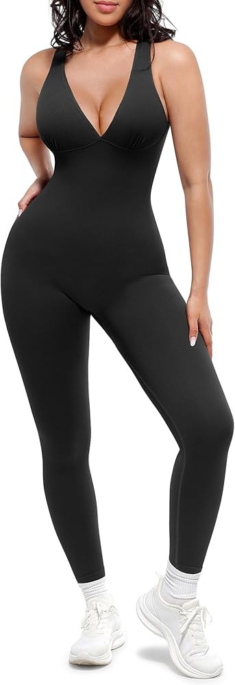 SHAPELLX Tummy Control Workout Jumpsuits for Women One Piece Comfy Yoga Outfits V Neck Sleeveless... | Amazon (US)