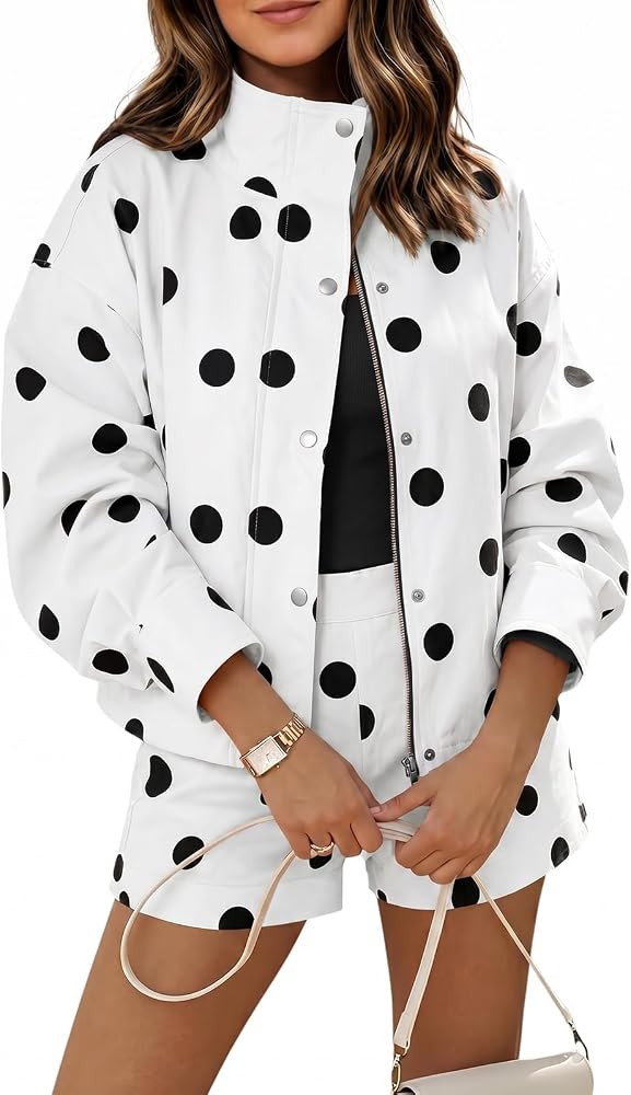 Tankaneo Womens 2 Piece Outfits Polka Dot Shorts Set Zip Up Cropped Jacket | Amazon (US)