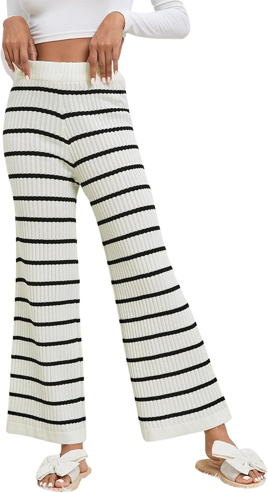 Verdusa Women's Elastic High Waist Stripe Print Knitted Lounge Sweater Pants | Amazon (US)