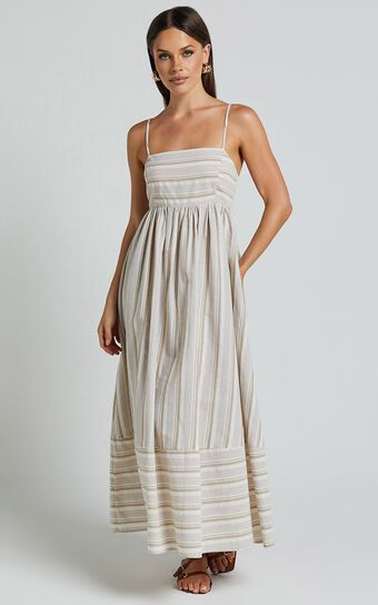 Katheryn Midi Dress - Strappy Straight Neck A Line Gathered Dress in Beige and Natural Stripe | Showpo (US, UK & Europe)