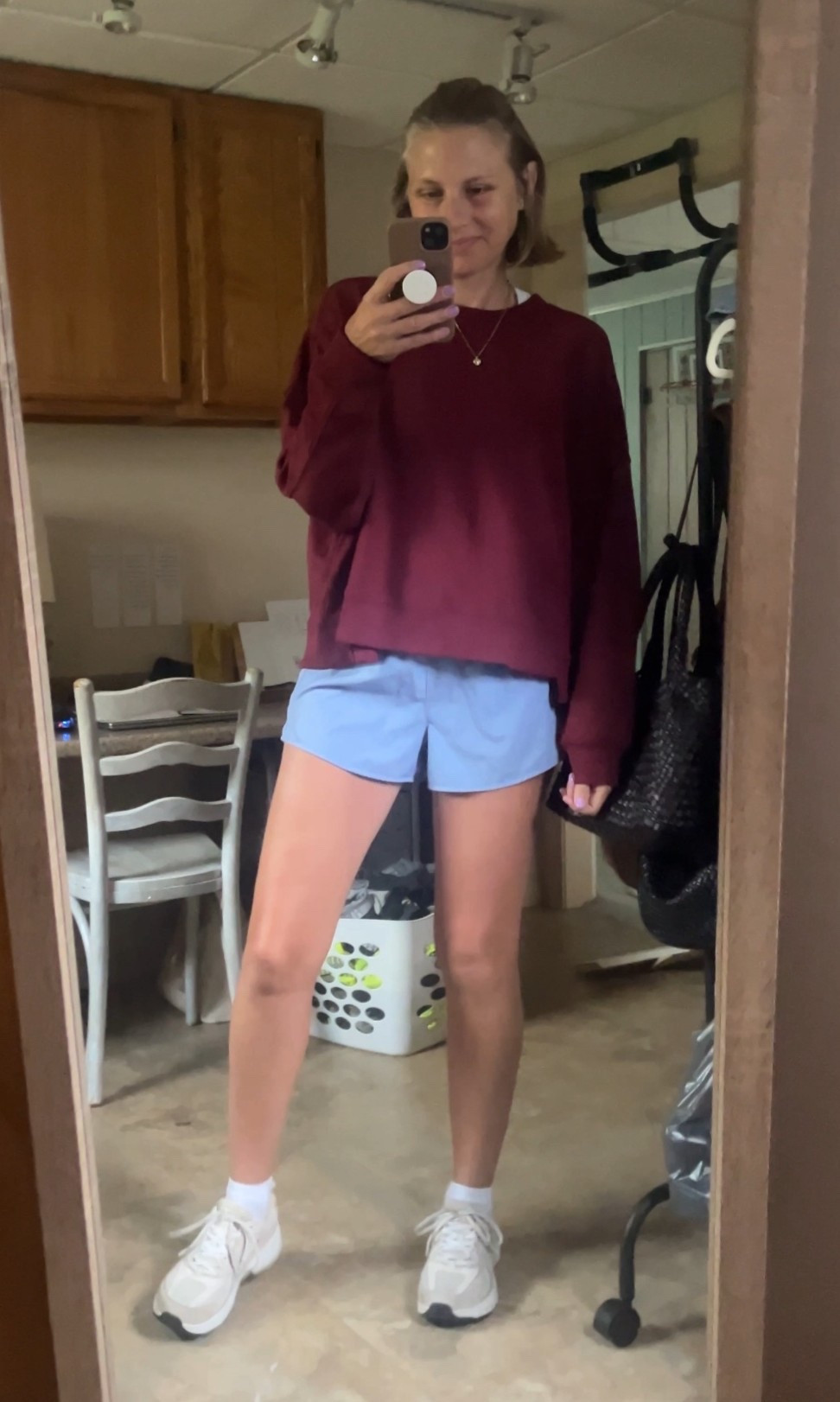 This pic is awful 🤷‍♀️ But here are links to everything I wore to deliver dry cleaning today! I sized up to an XXL in this top. The fabric and style are SO GOOD. I linked a very similar color/style shorts from Walmart. I size up a half size in these super cute Avia sneakers.