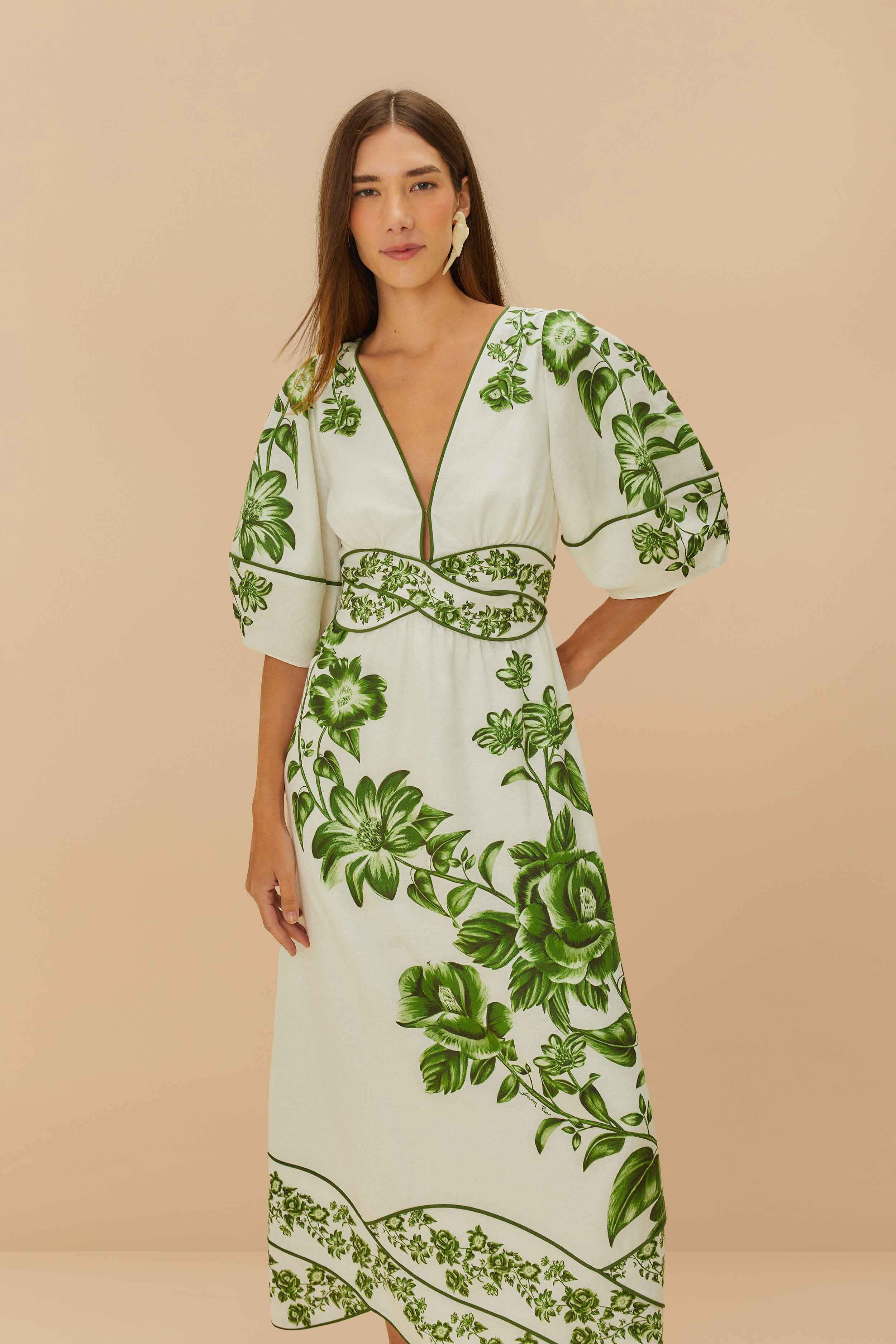 Off-White Green Floral Cascade LENZING™ ECOVERO™ Euroflax™ Midi Dress | FarmRio (US)