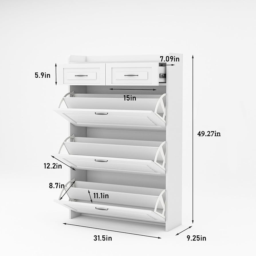 Shoe Cabinet for Entryway, White Narrow Shoe Storage Organizer with 3 Doors 2 Drawers,Flip Down S... | Amazon (US)