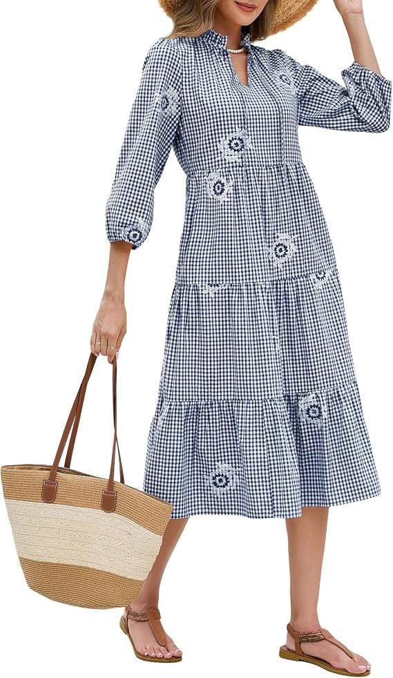 Kedera Women's Plaid Midi Casual Dress 3/4 Long Sleeve Embroidered Flowy Tiered Ruffle Hem Gingha... | Amazon (US)