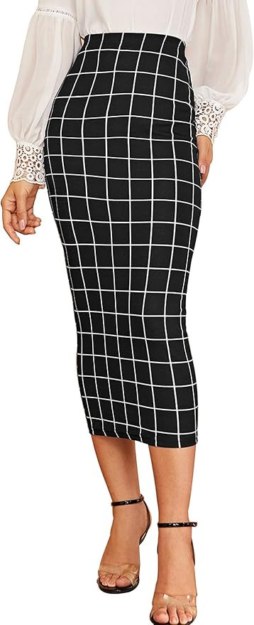 Verdusa Women's Elegant Plaid Elastic Waist Bodycon Midi Skirt | Amazon (US)