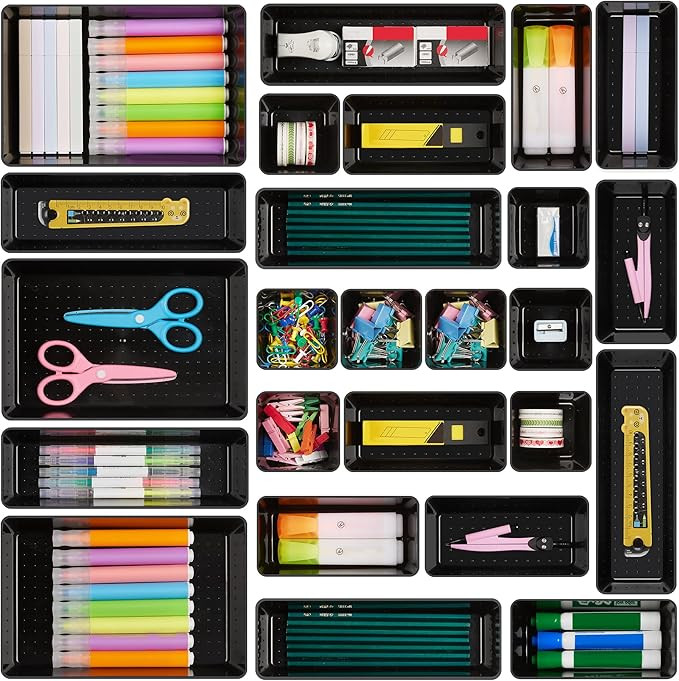 Vtopmart 25 PCS Office Desk Drawer Organizers Set, 4-Size Versatile Plastic Drawer Organizer Tray... | Amazon (US)