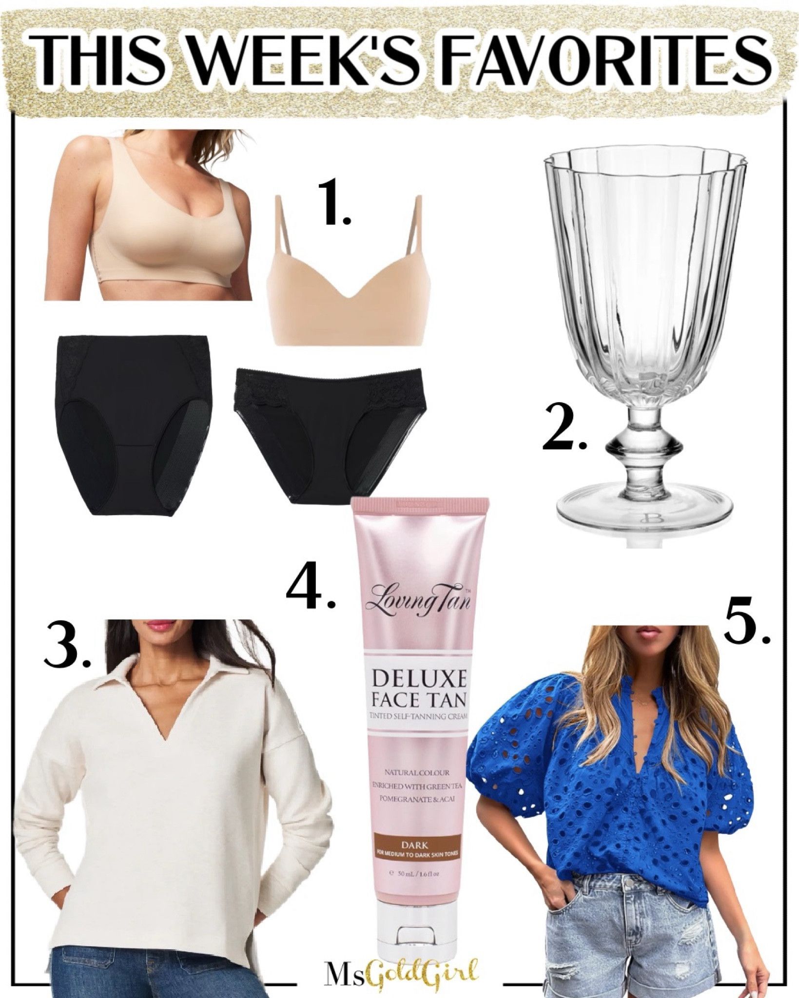 Weekly Favorites-February 9, 2024

1. These 4 pieces are what I’m wearing, in some combination, every single day.
2. Added these scalloped glasses to my everyday glass rotation. Comes in a set of 4.
3. The best release from the Spanx AirEssentials collection. Use code MARNIExSPANX for 10% off.
4. I added the wrong picture but the correct product is linked below! The fastest fake tan-it’s basically body makeup-it doesn’t change your skin-and then washes off.
5. The prettiest top for spring! 

#amazonfinds #springoutfits #fashionover40 #fashionover50 

#LTKhome #LTKfindsunder50 #LTKover40