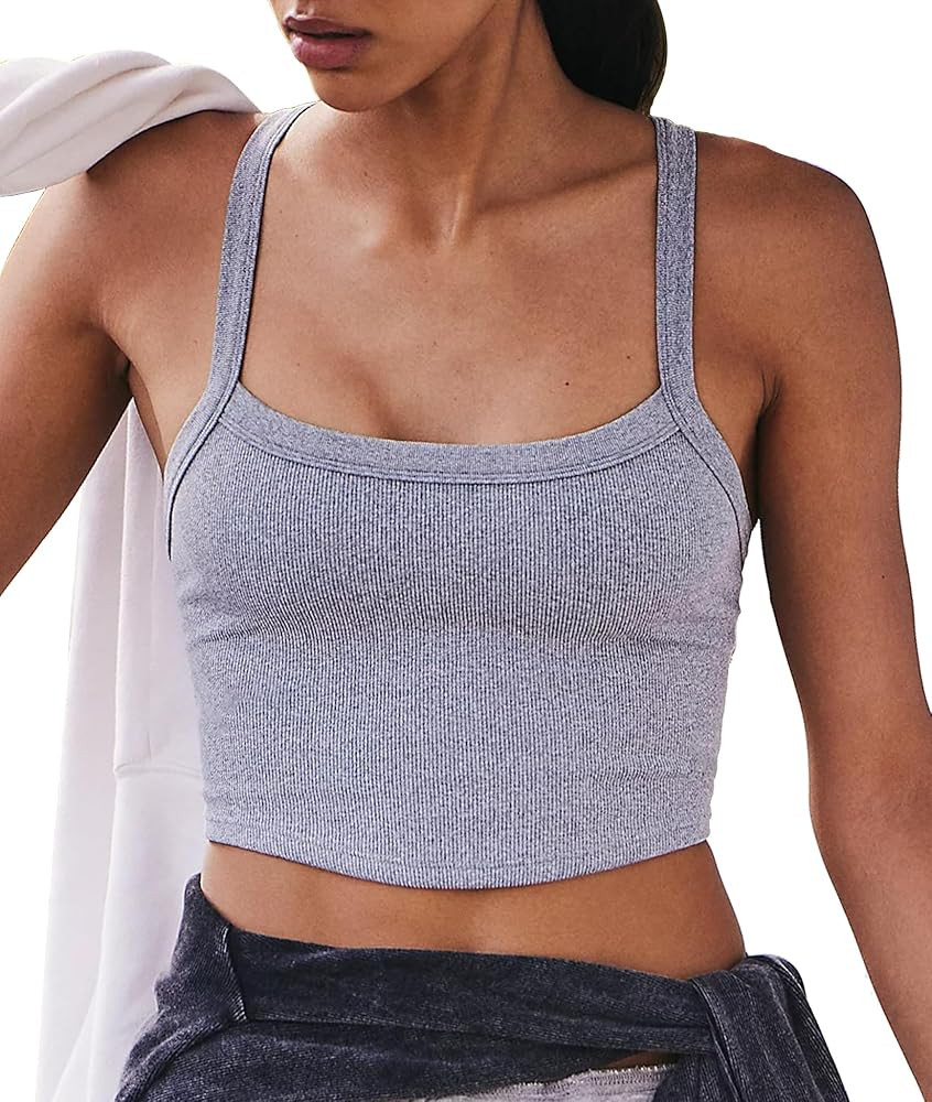 Tank Tops for Women Scoop Neck Crop Tops Athletic Workout Tops Cute Seamless Cami Ribbed Tank Top... | Amazon (US)