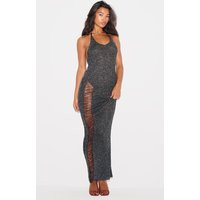 Black Glitter Knit Distressed Ladder Halterneck Maxi Dress | PrettyLittleThing US