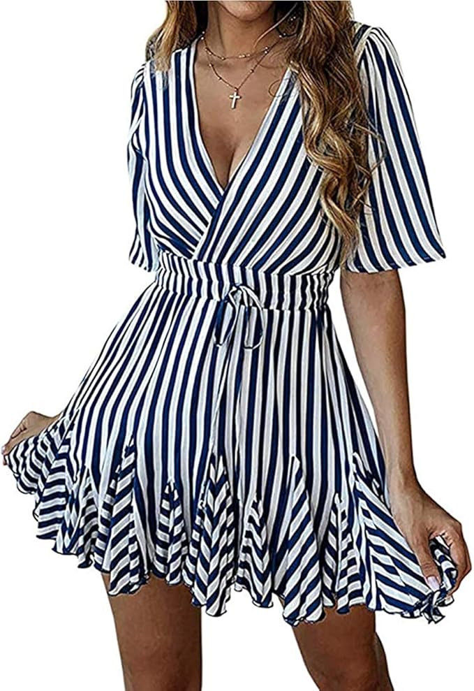 PRETTYGARDEN Women's Summer Deep V Neck Short Sleeve Striped Wrap Ruffle Hem Pleated Mini Dress | Amazon (US)