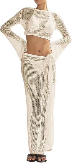 Women's Swimsuits Cover Ups Set for Crochet Bathing Suit Hollow Out 2 Piece Bikini Coverup Beach ... | Amazon (US)