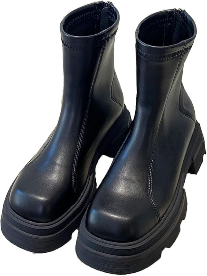 Pu Leather Ankle Chunky Heels Chunky Lug Sole Boots Slip On Booties Shoes Back Zipper Design | Amazon (US)