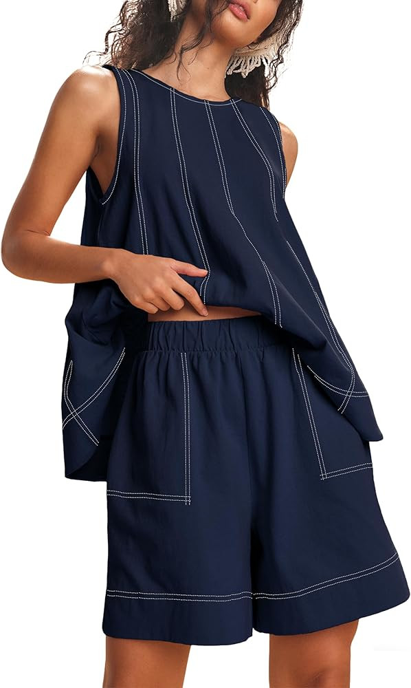 Womens 2 Piece Lounge Set Casual Summer Outfits Sleeveless Tank Top and Elastic Waist Shorts with... | Amazon (US)