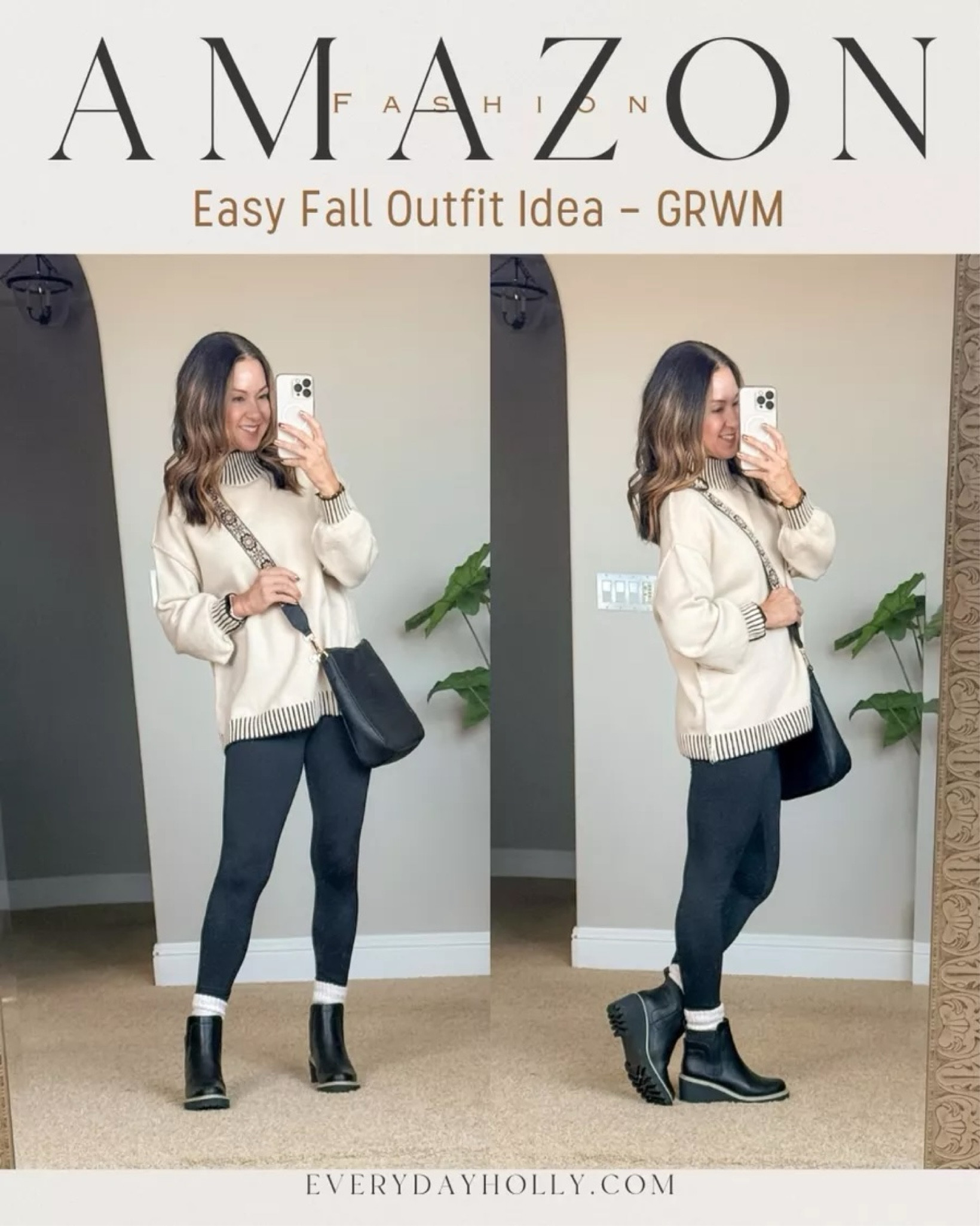 Easy, comfy fall Amazon outfit OOTD with sweater & leggings. Sweater XS in ivory/black, chelsea boots TTS 9if in -between sizes, go up. Leggings XS short Crossbody bag with wide strap, the perfect socks for boots. For reference I'm 5'1", 109lbs.

#LTKFindsUnder100 #LTKSeasonal #LTKStyleTip