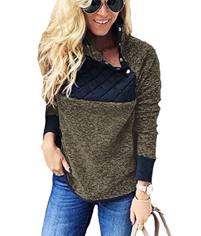 PRETTYGARDEN Women's Warm Long Sleeves Oblique Button Neck Splice Geometric Pattern Fleece Pullover  | Amazon (US)