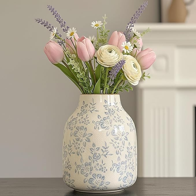 Ceramic Vase Vintage Flower Vase, Blue and White Chinoiserie Floral Decorative Vase, Rustic Retro... | Amazon (US)