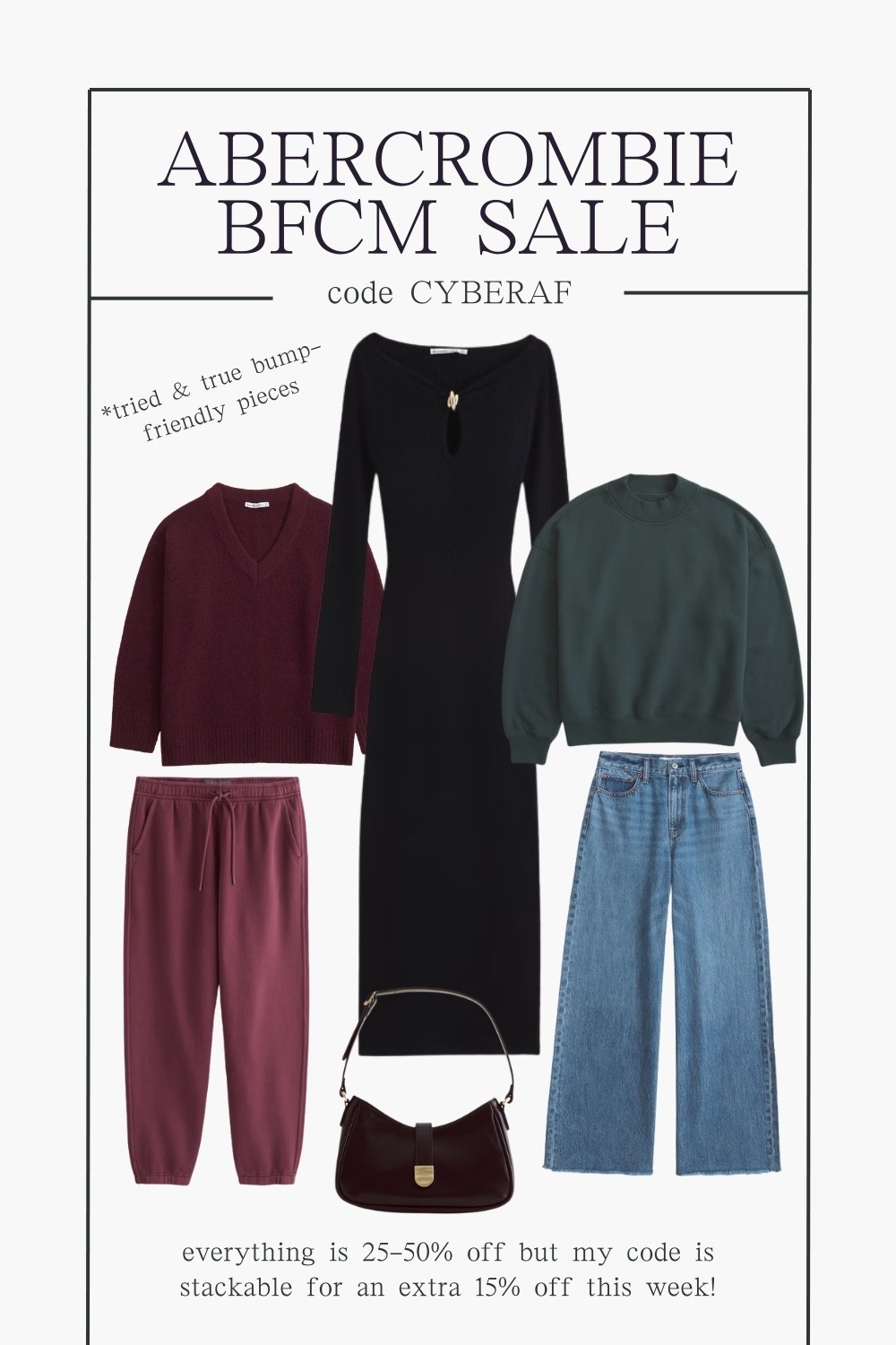 Tried & true bump-friendly pieces from Abercrombie - all on sale now! And use code CYBERAF to save an additional 15% off already reduced prices  

#LTKmomlife #LTKCyberWeek #LTKSaleAlert