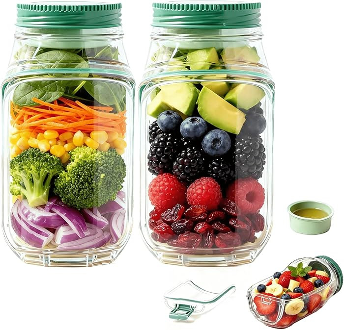 Salad Pod Mason Jar Side Open 2-Pack – Leakproof Vertical Layering Salad Jars with Built-In Dre... | Amazon (US)