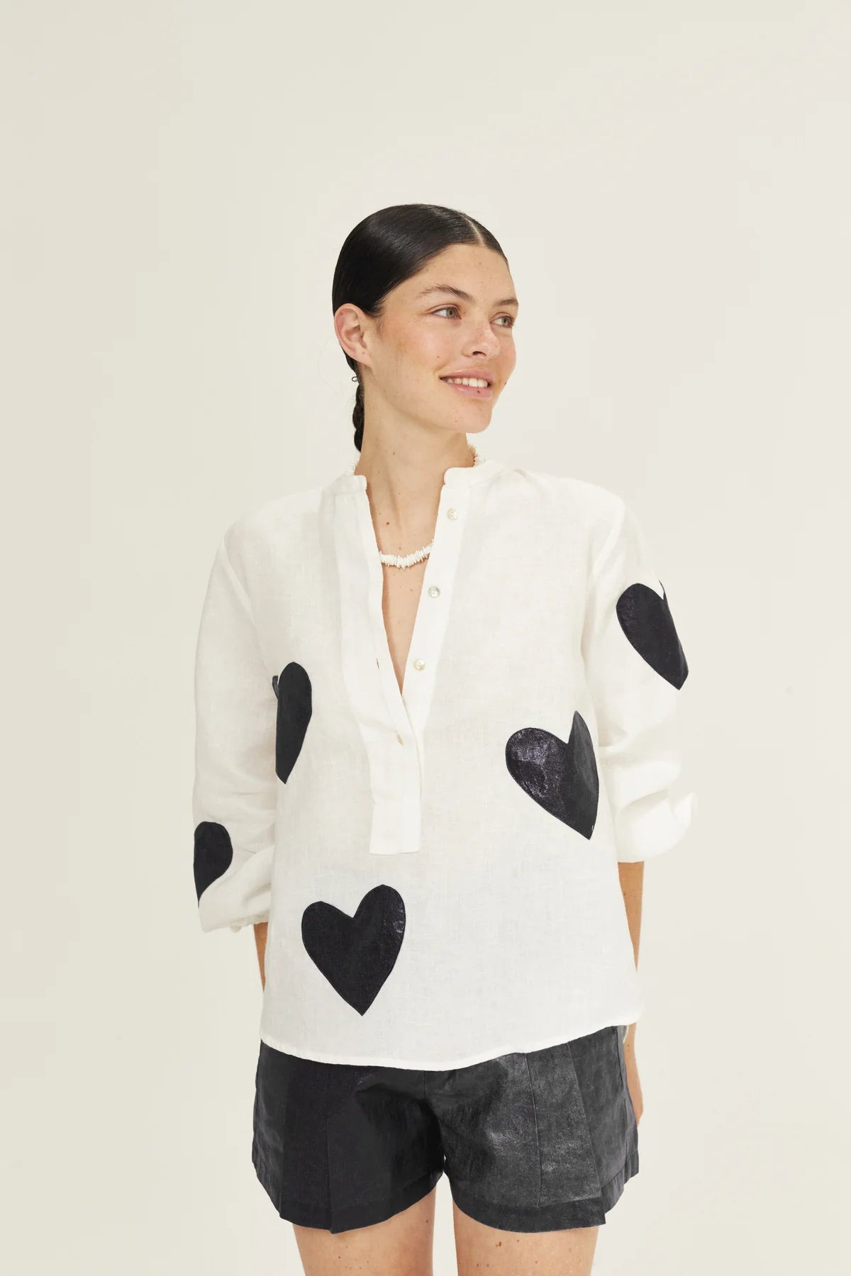 Cupid Linen Shirt - Off-White with Metallic Black Hearts | Lanhtropy