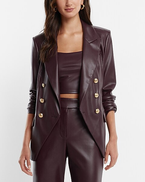Faux Leather Double Breasted Novelty Button Blazer | Express