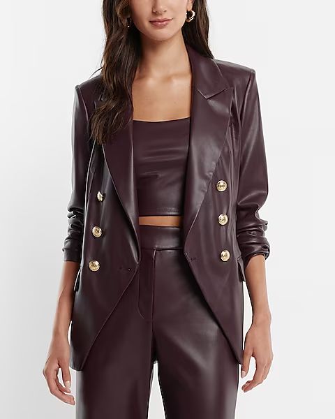 Faux Leather Double Breasted Novelty Button Blazer | Express