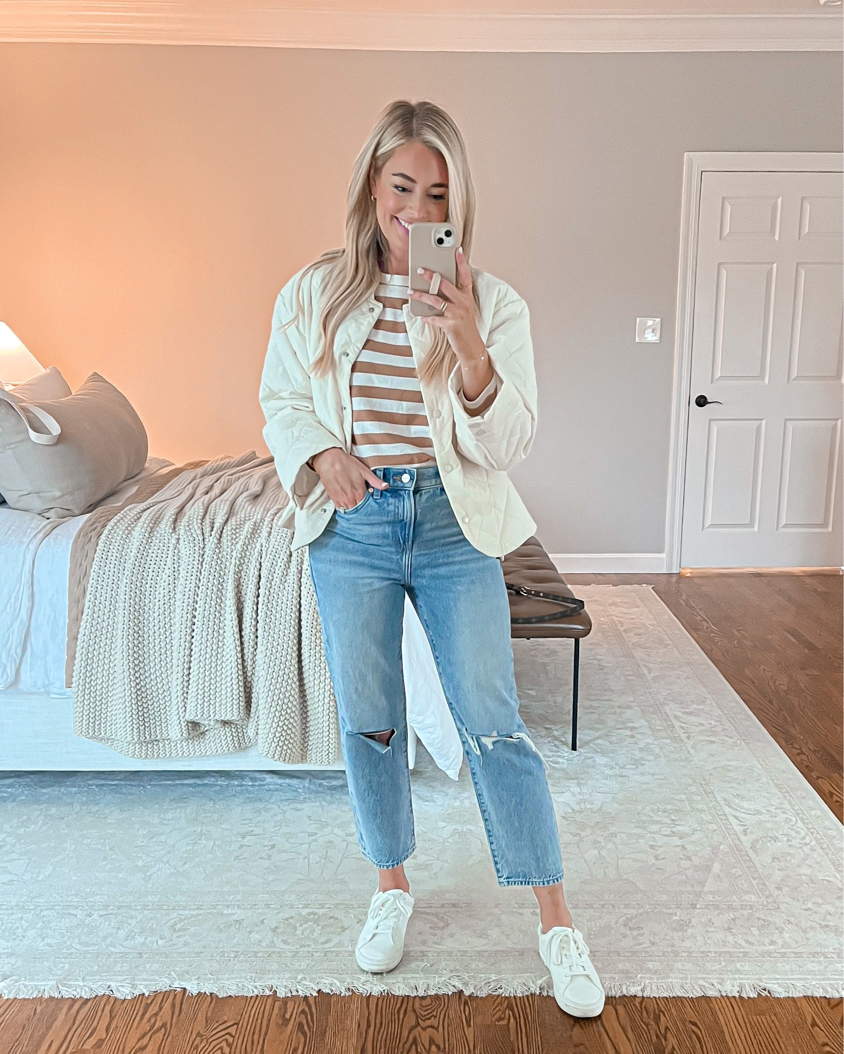 Neutral Everyday Outfit // wearing a small in top & jacket and 2 in jeans. Use code ABBY20 for 20% off my bag 🤍

Casual outfit, jeans, striped tee, bomber jacket, quilted jacket, spring jacket, straight leg jeans, white sneakers 

#LTKunder50 #LTKFind #LTKSeasonal