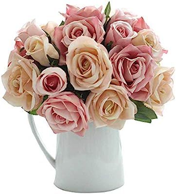 CQURE Artificial Fake Flowers Silk Artificial Roses 9 Heads Bridal Wedding Bouquet for Home Garde... | Amazon (US)