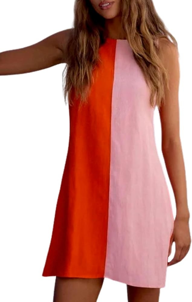 Qiaomai Womens Summer Color Block Cotton Mini Dress Sleeveless Crewneck A-Line Sundress Beach Vac... | Amazon (US)