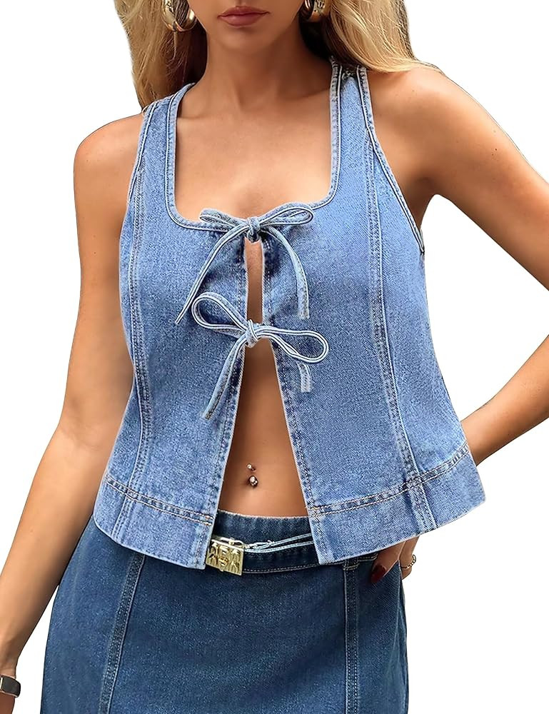 Womens Denim Vest Sleeveless Square Neck Jean Vest for Women Tie Up Front Denim Top | Amazon (US)