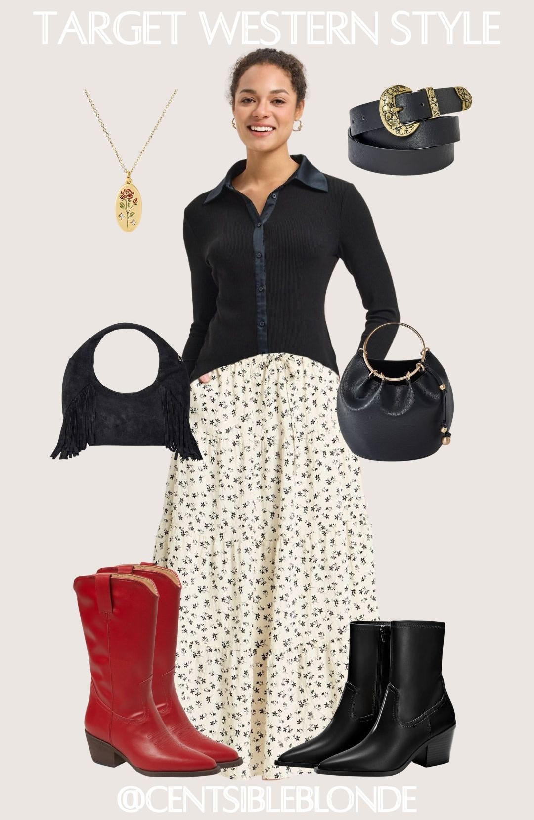 Country concert outfit, Western outfit, western style, Nashville, rodeo, spring style, spring outfit, floral skirt, western belt, tan boots, pointed toe boots, cowboy boots, western boots, black and gold belt, black top, target outfit, target style, spring skirt, midi skirt

#LTKootd #LTKMidsize #LTKTravel