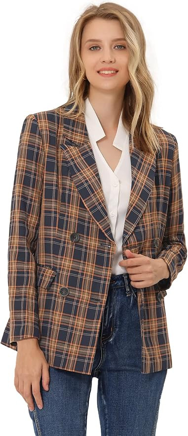 Allegra K Women's Notched Lapel Double Breasted Work Formal Blazer Jacket | Amazon (US)