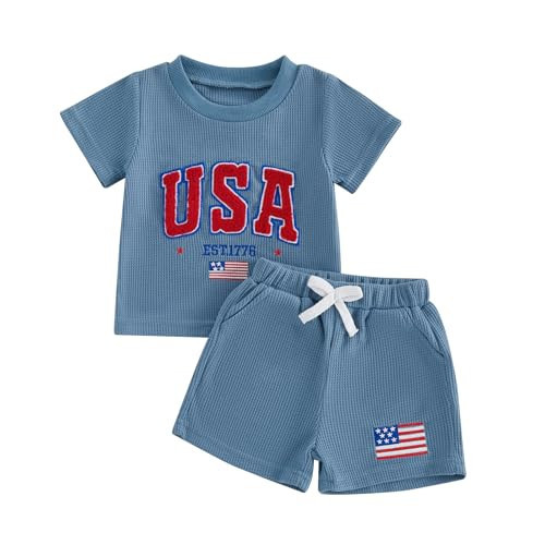 Douhoow Toddler Boy 4th of July Outfit American Flag Embroidered Short Sleeve T-shirts and Shorts Baby Boy Patriotic Clothes (Blue F, 12-18 Months) | Amazon (US)