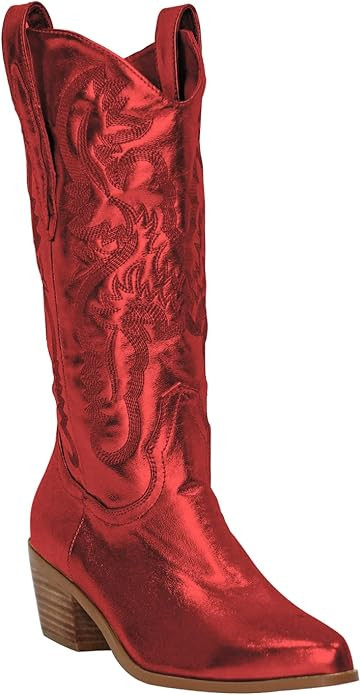 MissHeel Mid Calf Cowgirl Boots Embroidered Block Chunky Heel in Pink Silver | Amazon (US)