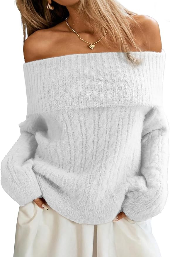 ELLEVEN Women’s Off Shoulder Cable Knit Sweater, Soft Oversized Pullover for Casual Fall Winter... | Amazon (US)