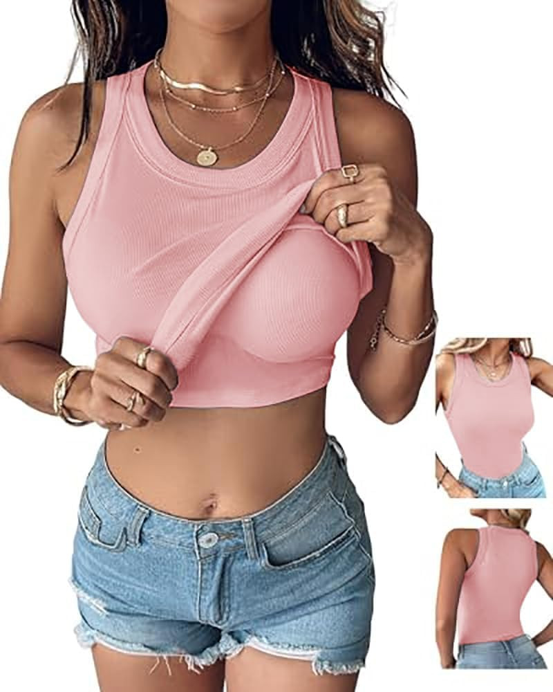 CHICME Women Built-in Bra Tank Tops Sleeveless Casual Shirts Racerback Ribbed Fitted Tank Tops | Amazon (US)