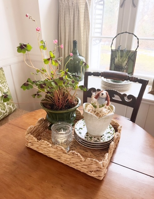 Just a little St. Patrick's vignette, combining a felted pup holding a strand of clover and a stack of snack plates strewn with a similar pattern. 

 #LTKSeasonal #LTKHome