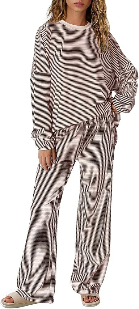Aiybao Women's Striped 2 Piece Lounge Matching Pajamas Set Crew Neck Oversized Tshirt and Wide Le... | Amazon (CA)