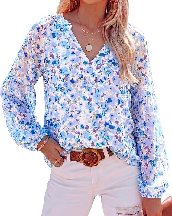 BTFBM Floral Blouses for Women Dressy Casual,V Neck Lightweight Boho Tops,Long Sleeve Shirts,70s ... | Amazon (US)