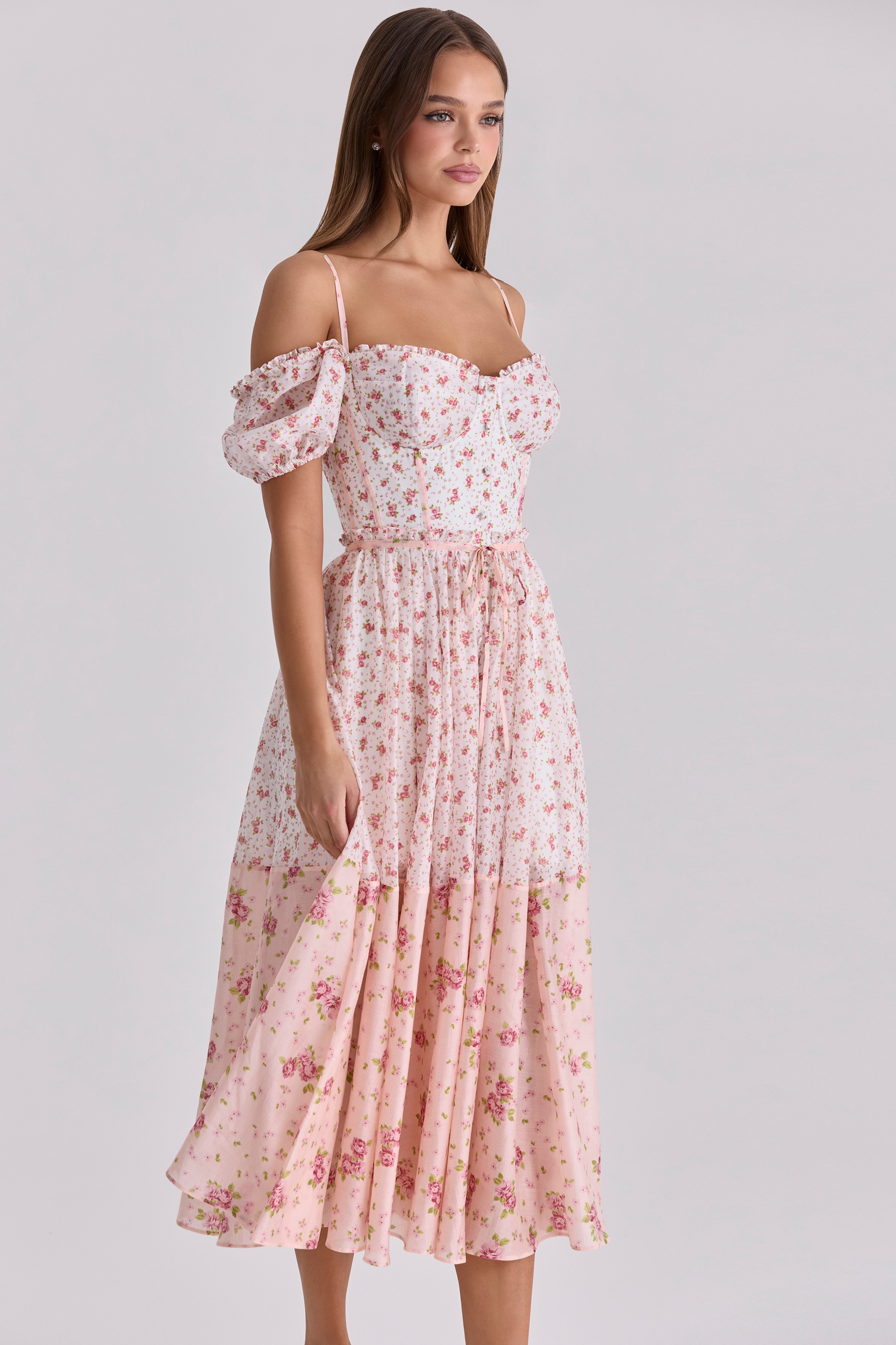 white rose print georgette ribbon midi dress | House of CB