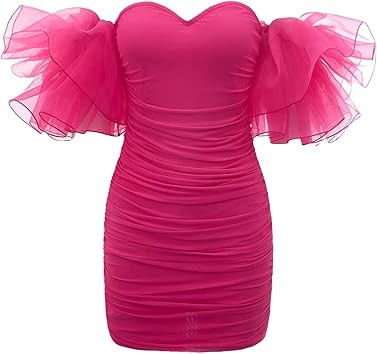 WDIRARA Women's Off Shoulder Flutter Half Sleeve Ruched Mesh Cocktail Bodycon Mini Dress | Amazon (US)
